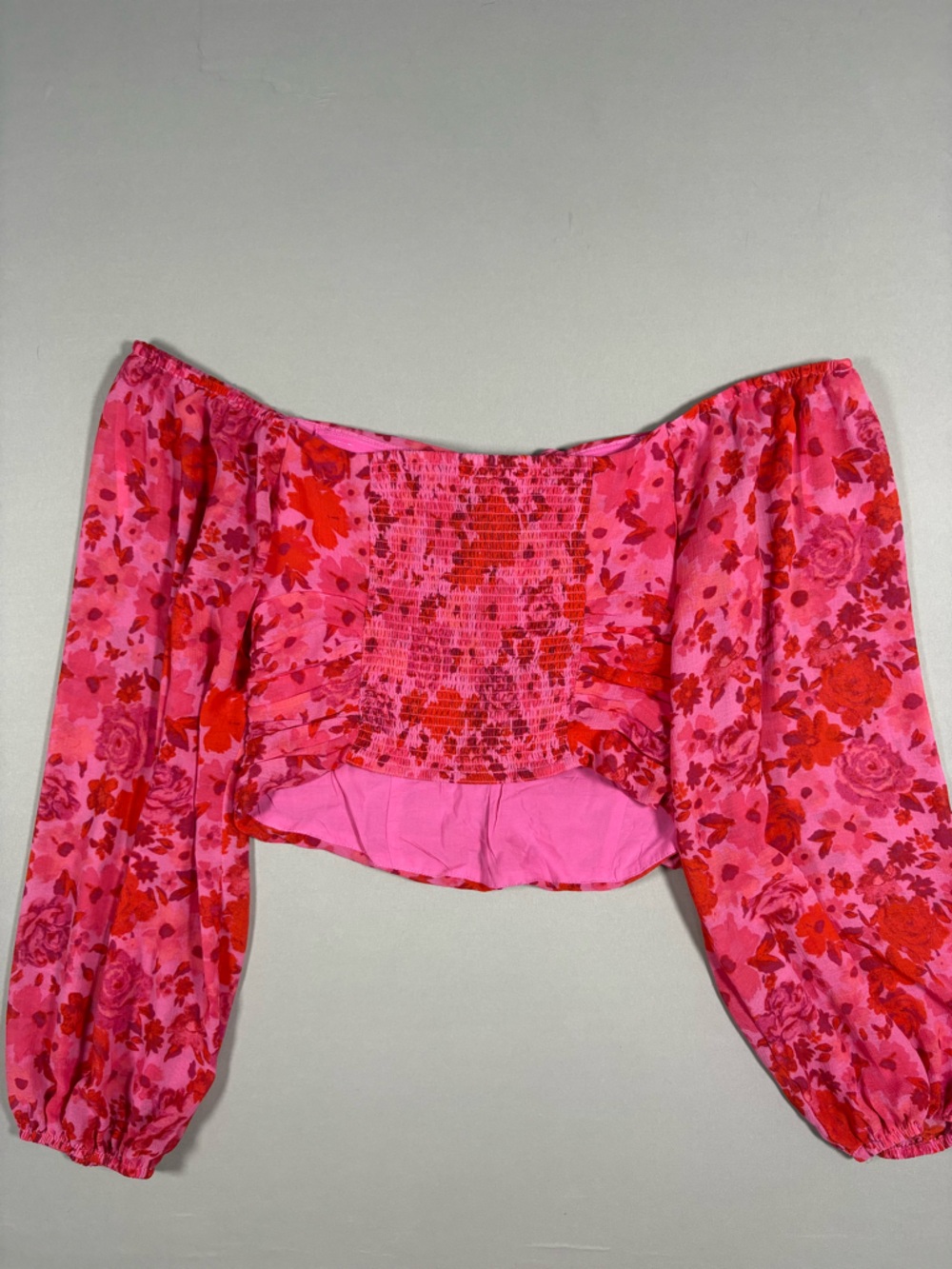Free People Pink and Red Floral Ruched Long-Sleeve Top Cottagecore Boho Fairy, S - Picture 8 of 8